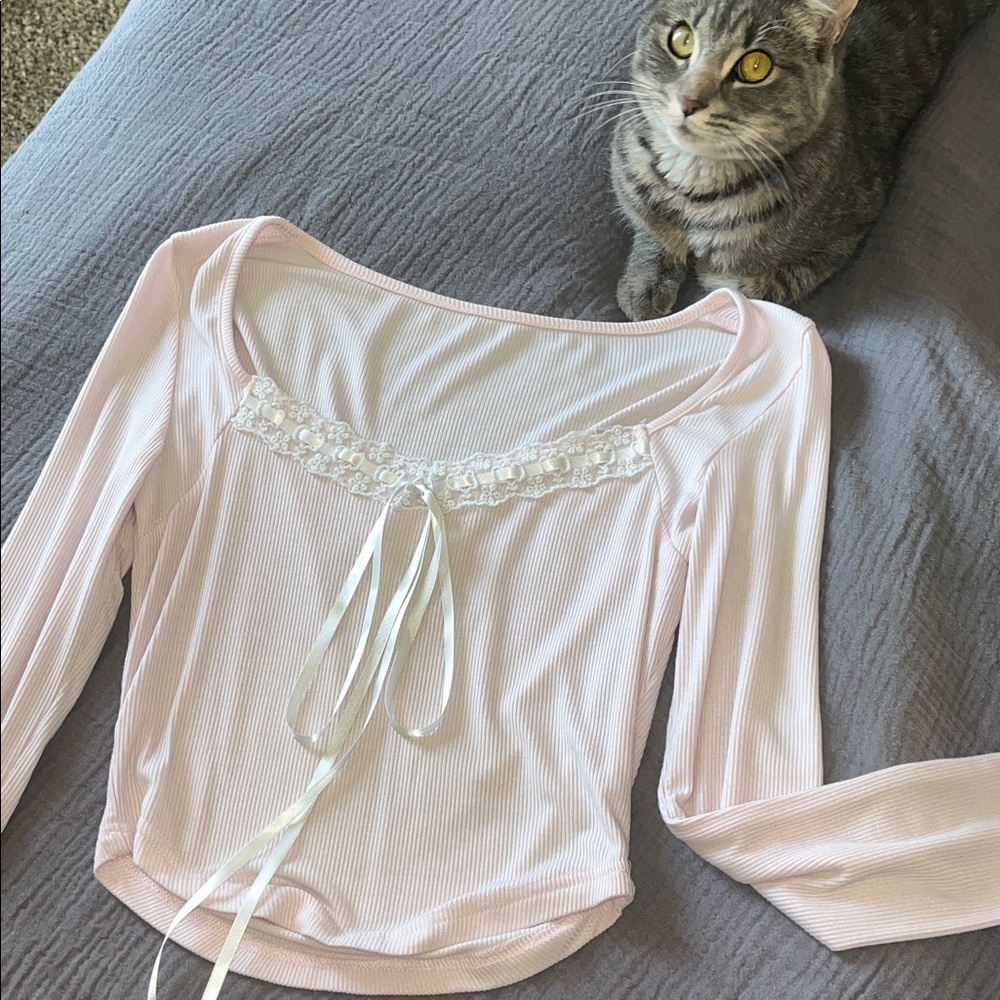 Light Pink Long Sleeve Top with Ribbon Detail